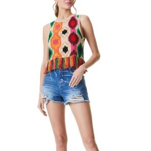 Alice + Olivia Multicolor Patterned Reva Print Fringe Peplum Tank Top Large